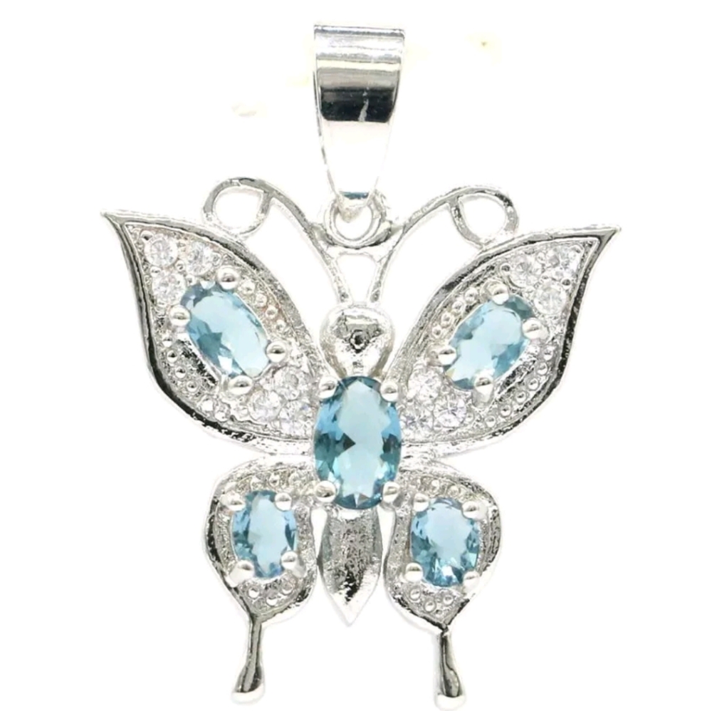 New london blue topaz cz silver butterfly pendant